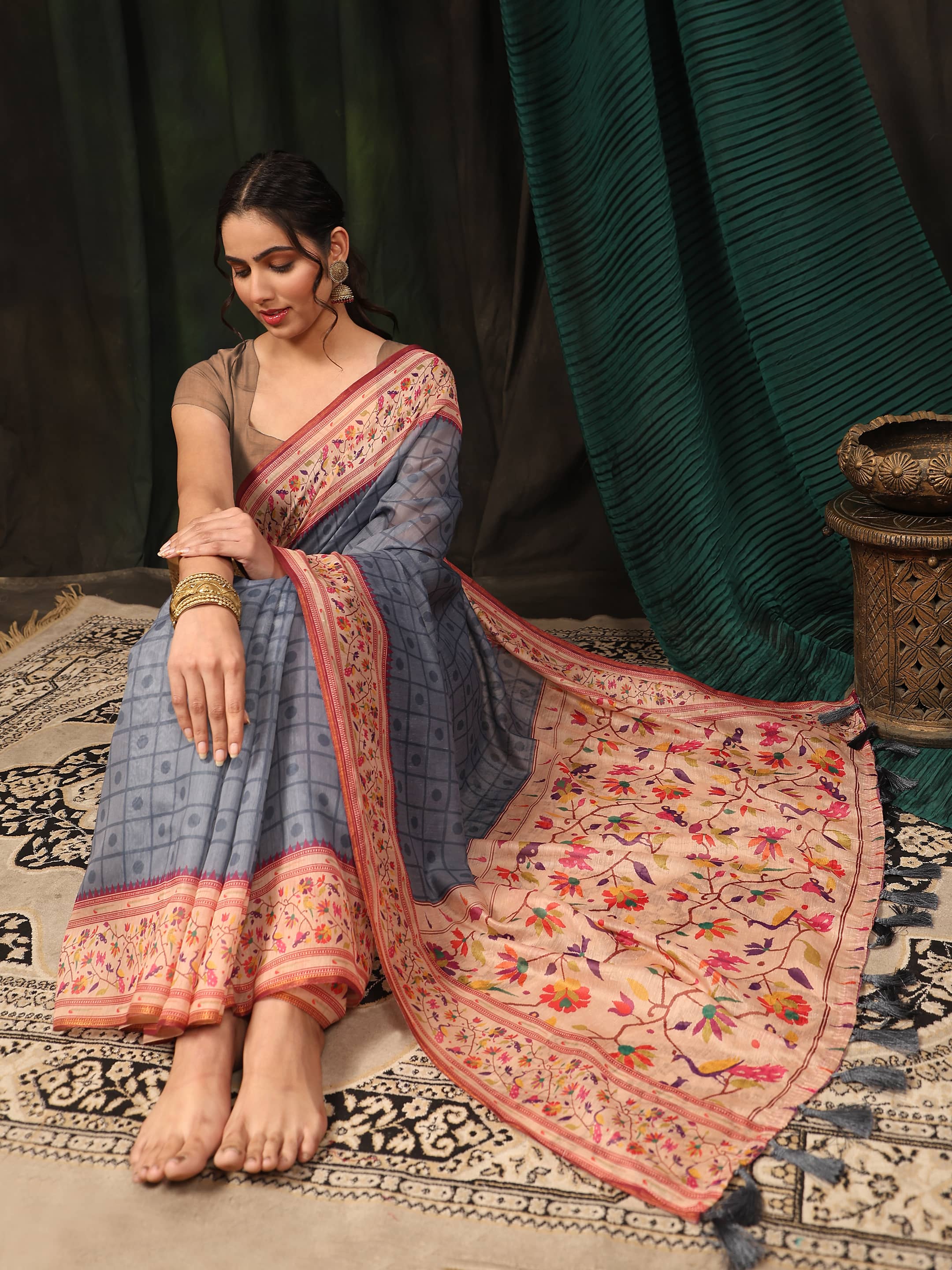 Hiral Fashion Grey Paithani Cotton Blend Geomatric Digital Printed Saree