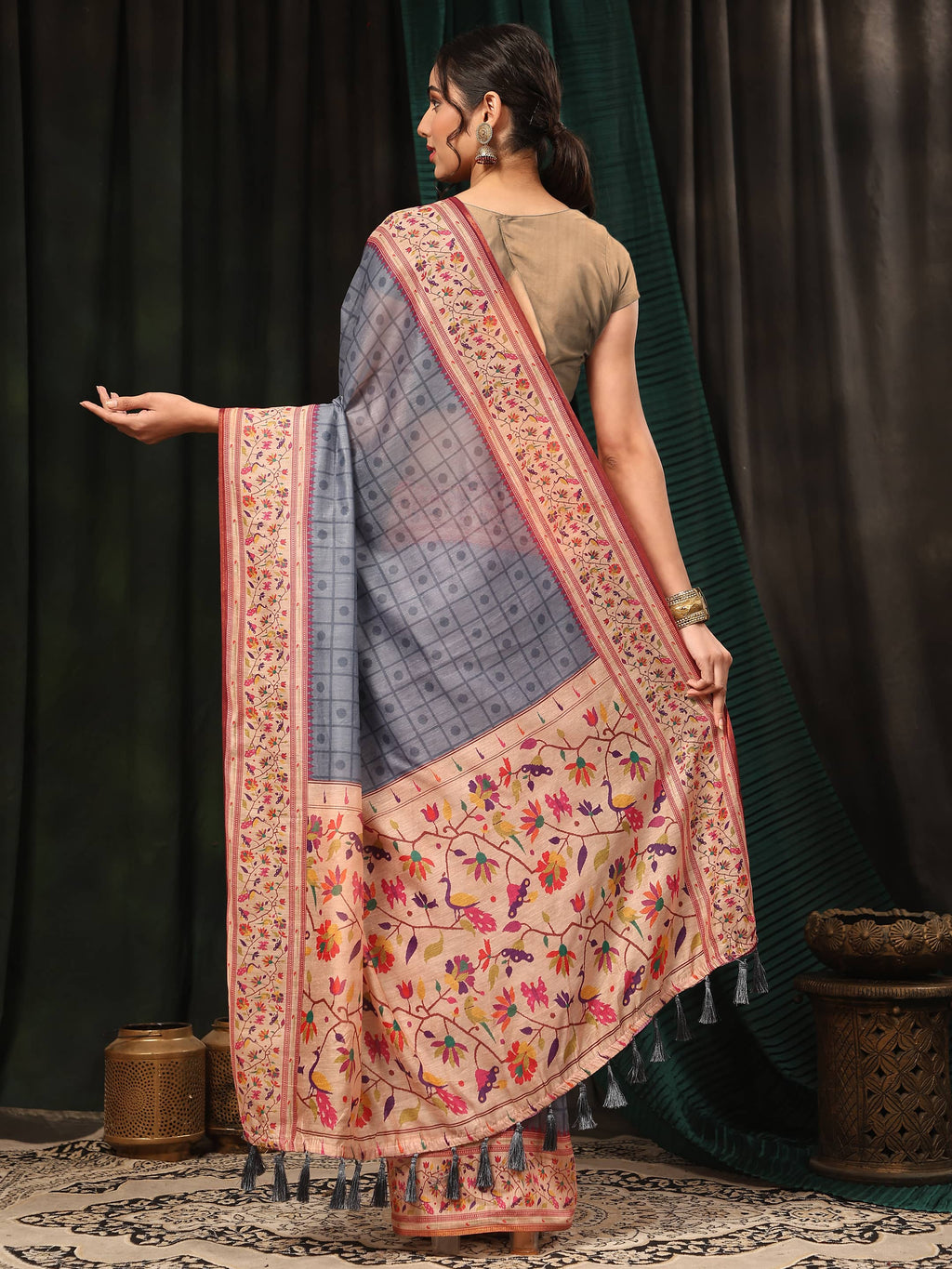 Hiral Fashion Grey Paithani Cotton Blend Geomatric Digital Printed Saree