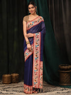 Hiral Fashion Navy Blue Paithani Cotton Blend Solid Digital Printed Saree