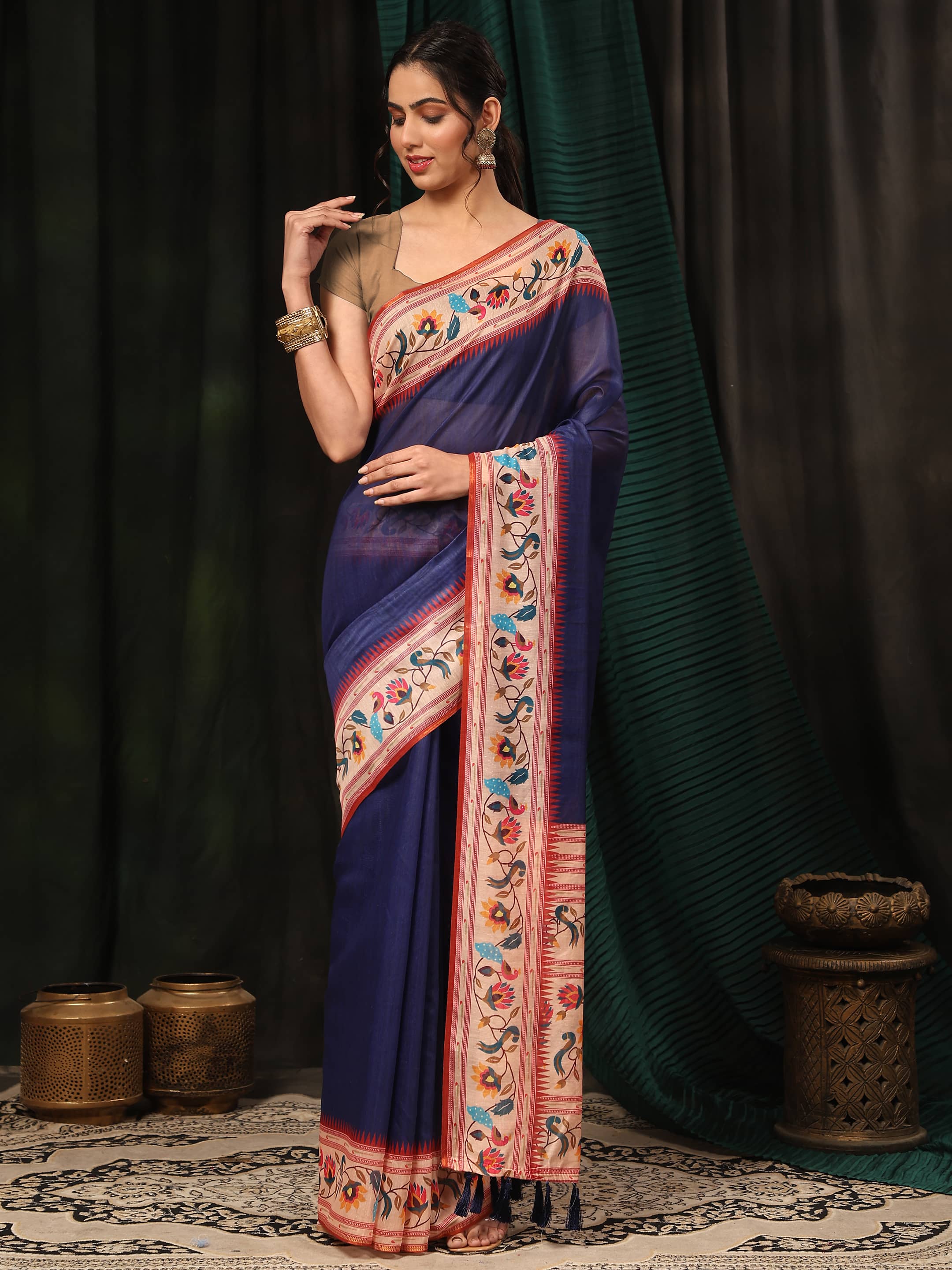 Hiral Fashion Navy Blue Paithani Cotton Blend Solid Digital Printed Saree