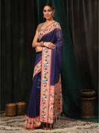 Hiral Fashion Navy Blue Paithani Cotton Blend Solid Digital Printed Saree