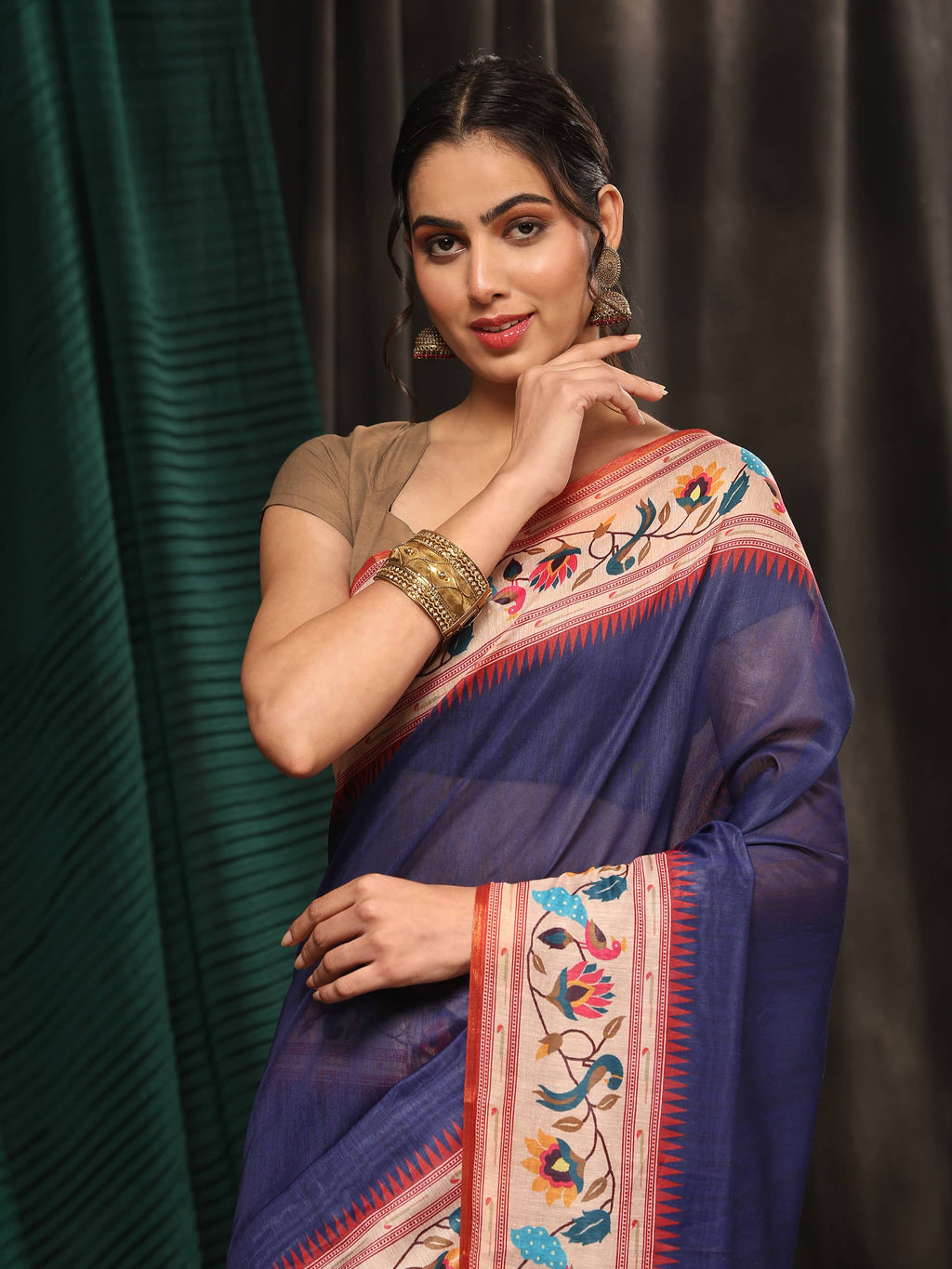 Hiral Fashion Navy Blue Paithani Cotton Blend Solid Digital Printed Saree