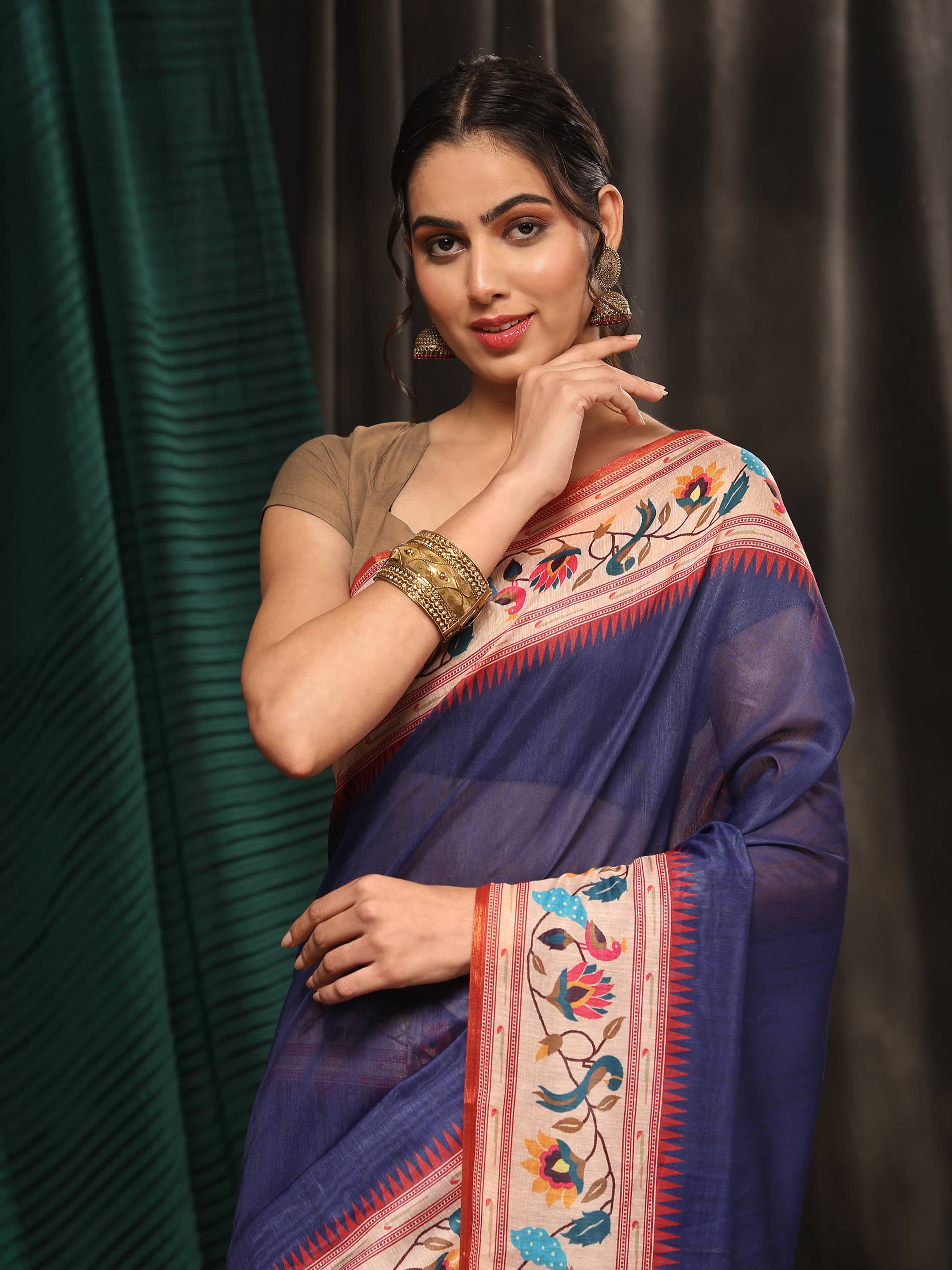 Hiral Fashion Navy Blue Paithani Cotton Blend Solid Digital Printed Saree