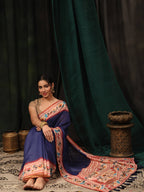 Hiral Fashion Navy Blue Paithani Cotton Blend Solid Digital Printed Saree