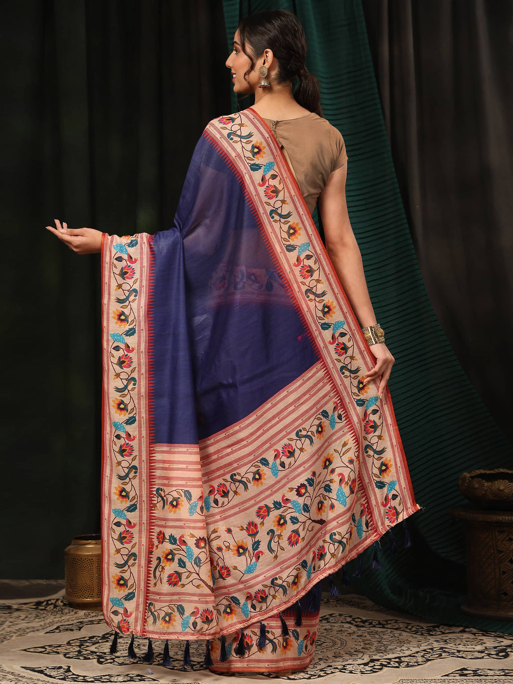 Hiral Fashion Navy Blue Paithani Cotton Blend Solid Digital Printed Saree