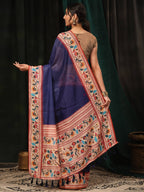 Hiral Fashion Navy Blue Paithani Cotton Blend Solid Digital Printed Saree