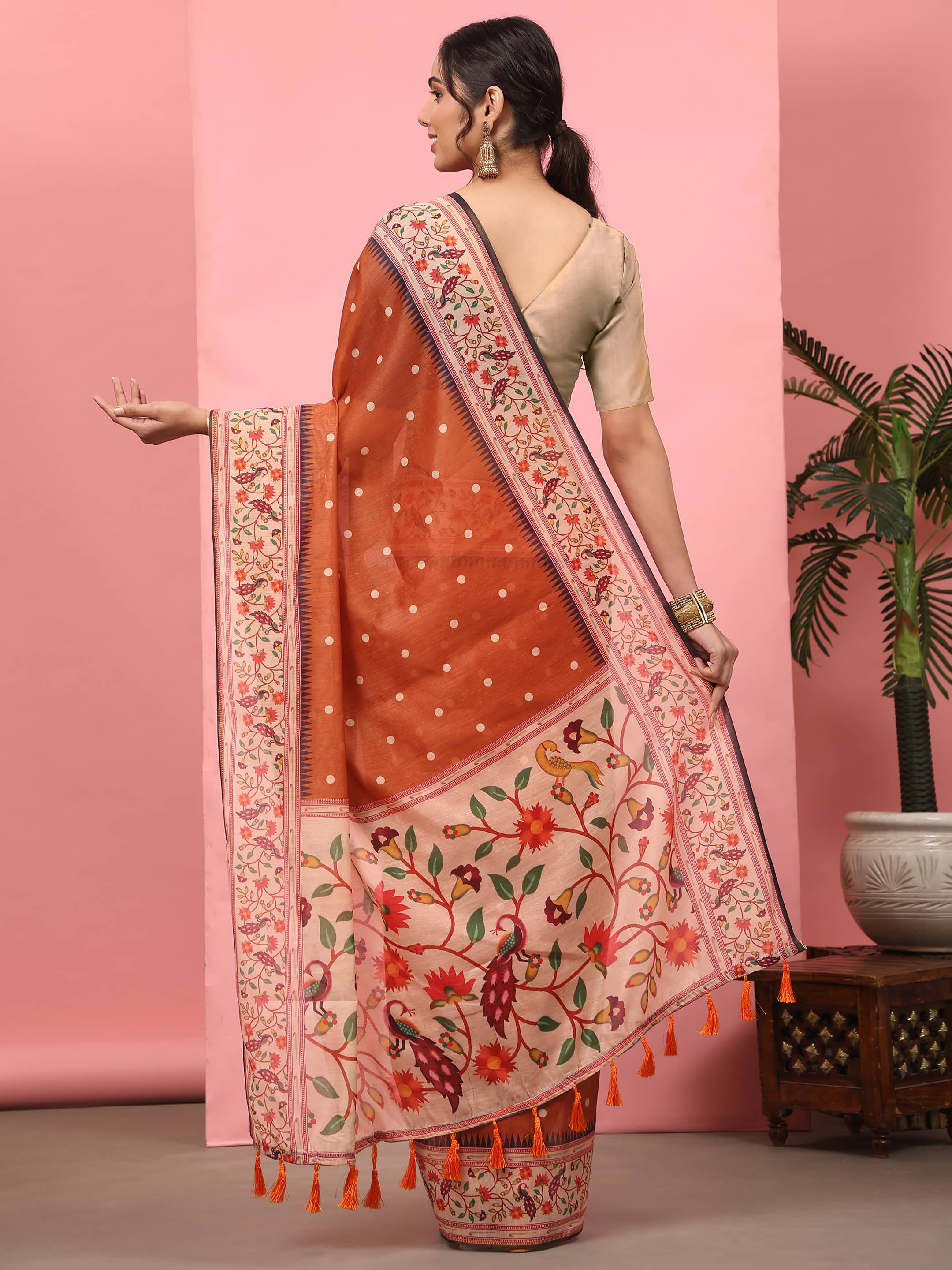 Hiral Fashion Orange Paithani Cotton Blend Polka Dots Digital Printed Saree