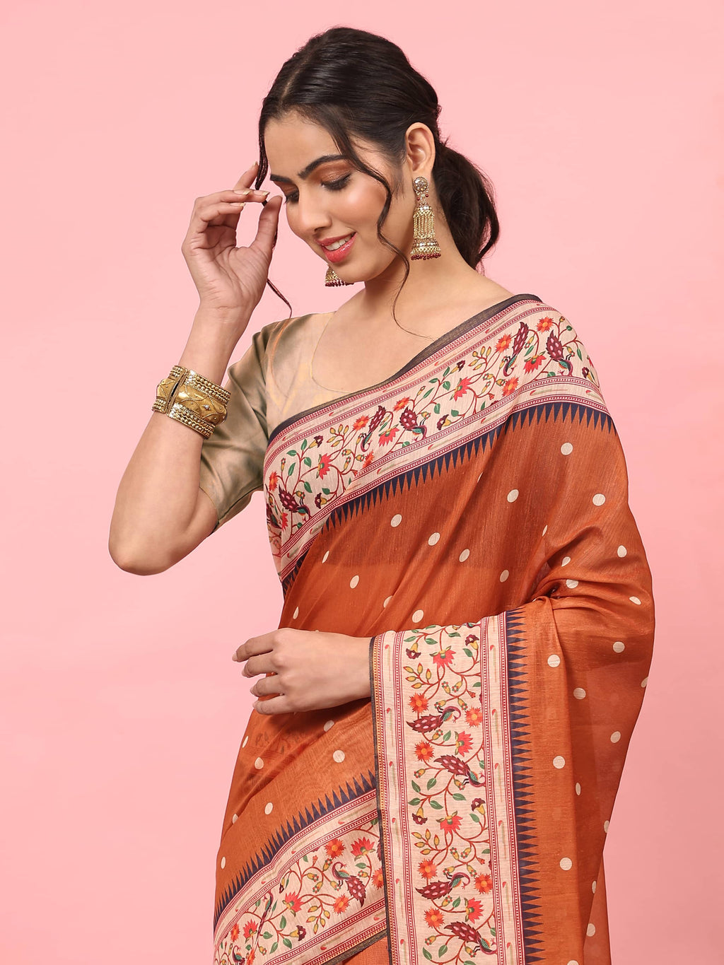 Hiral Fashion Orange Paithani Cotton Blend Polka Dots Digital Printed Saree