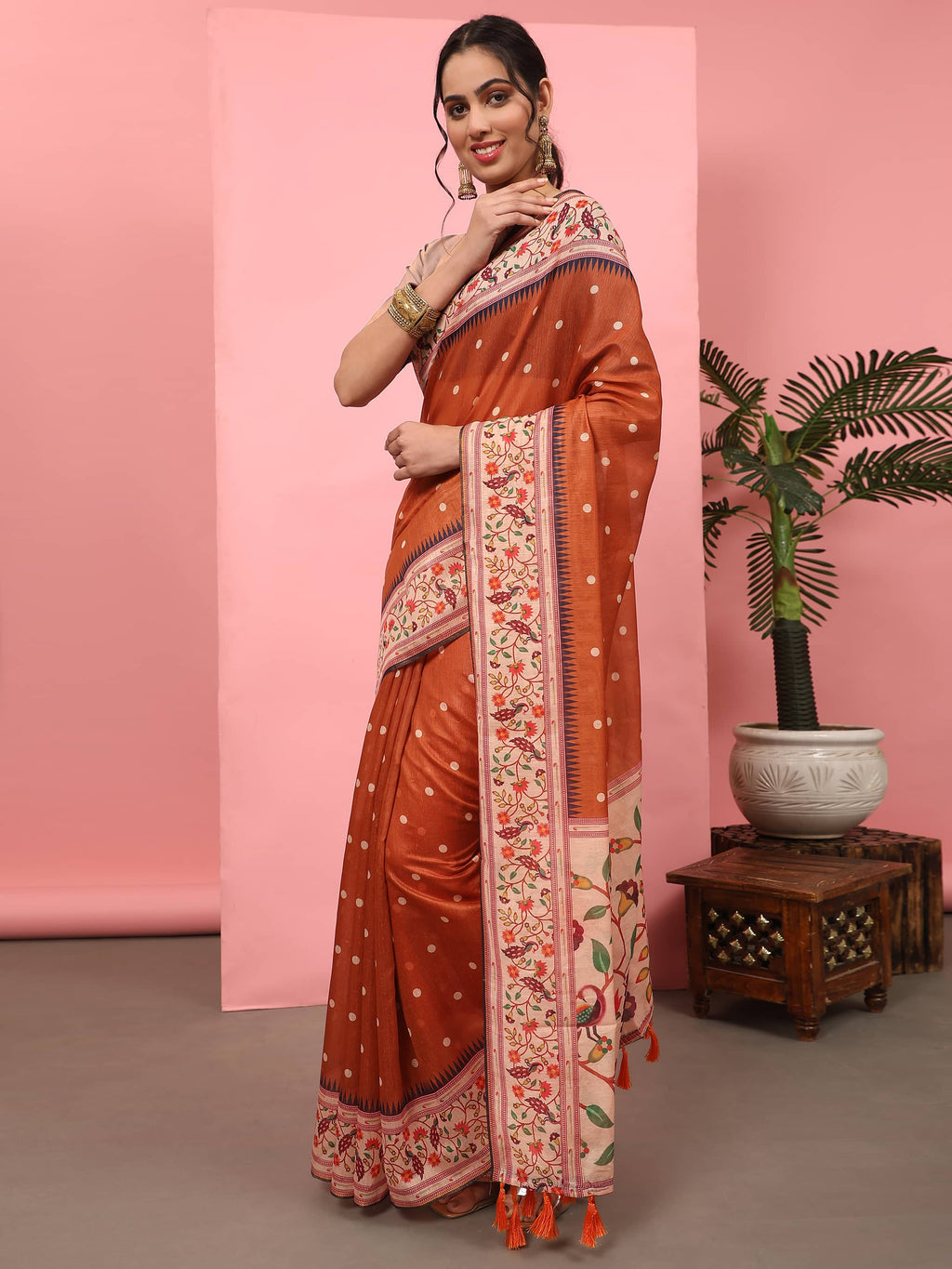 Hiral Fashion Orange Paithani Cotton Blend Polka Dots Digital Printed Saree