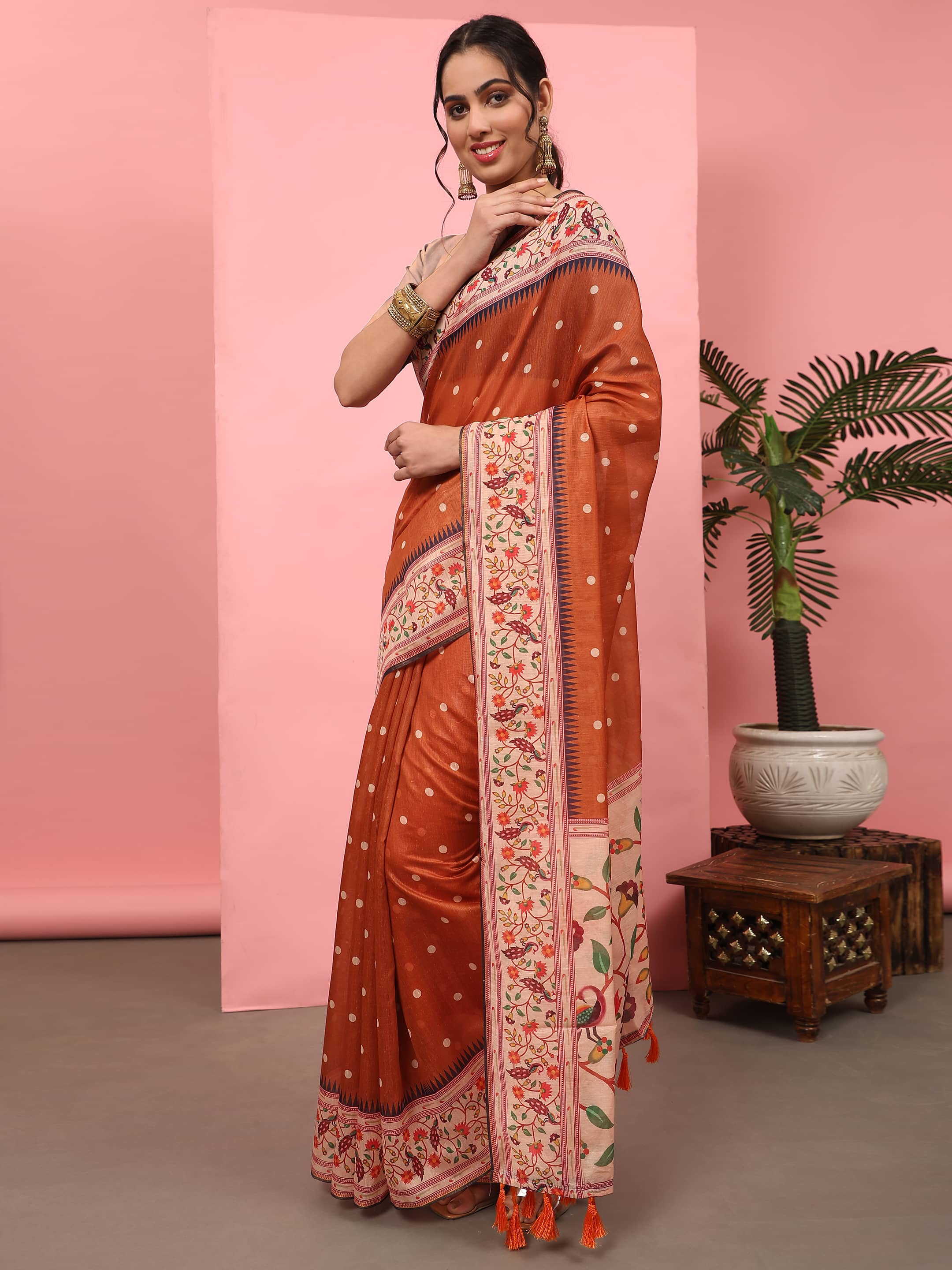 Hiral Fashion Orange Paithani Cotton Blend Polka Dots Digital Printed Saree