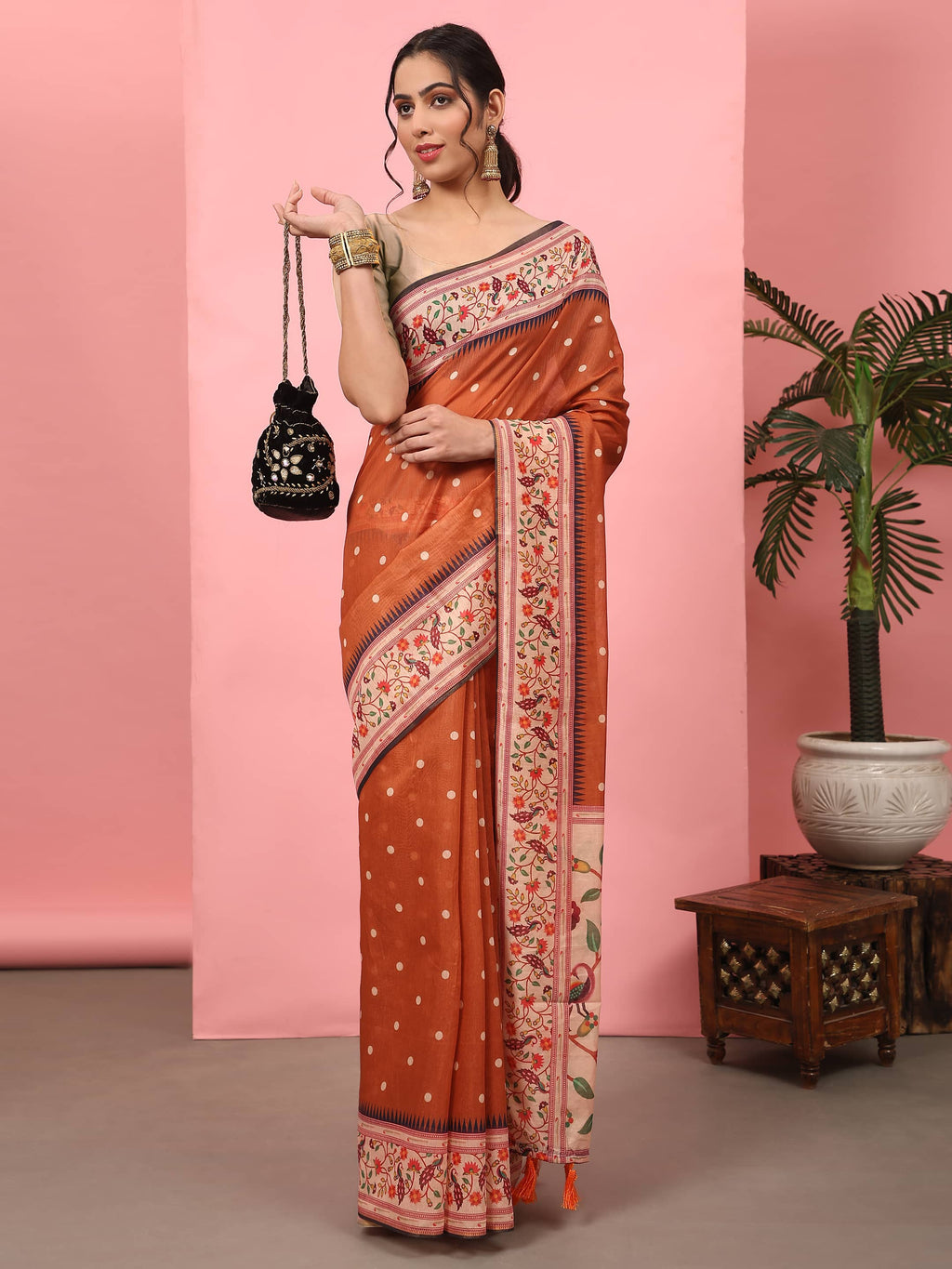 Hiral Fashion Orange Paithani Cotton Blend Polka Dots Digital Printed Saree