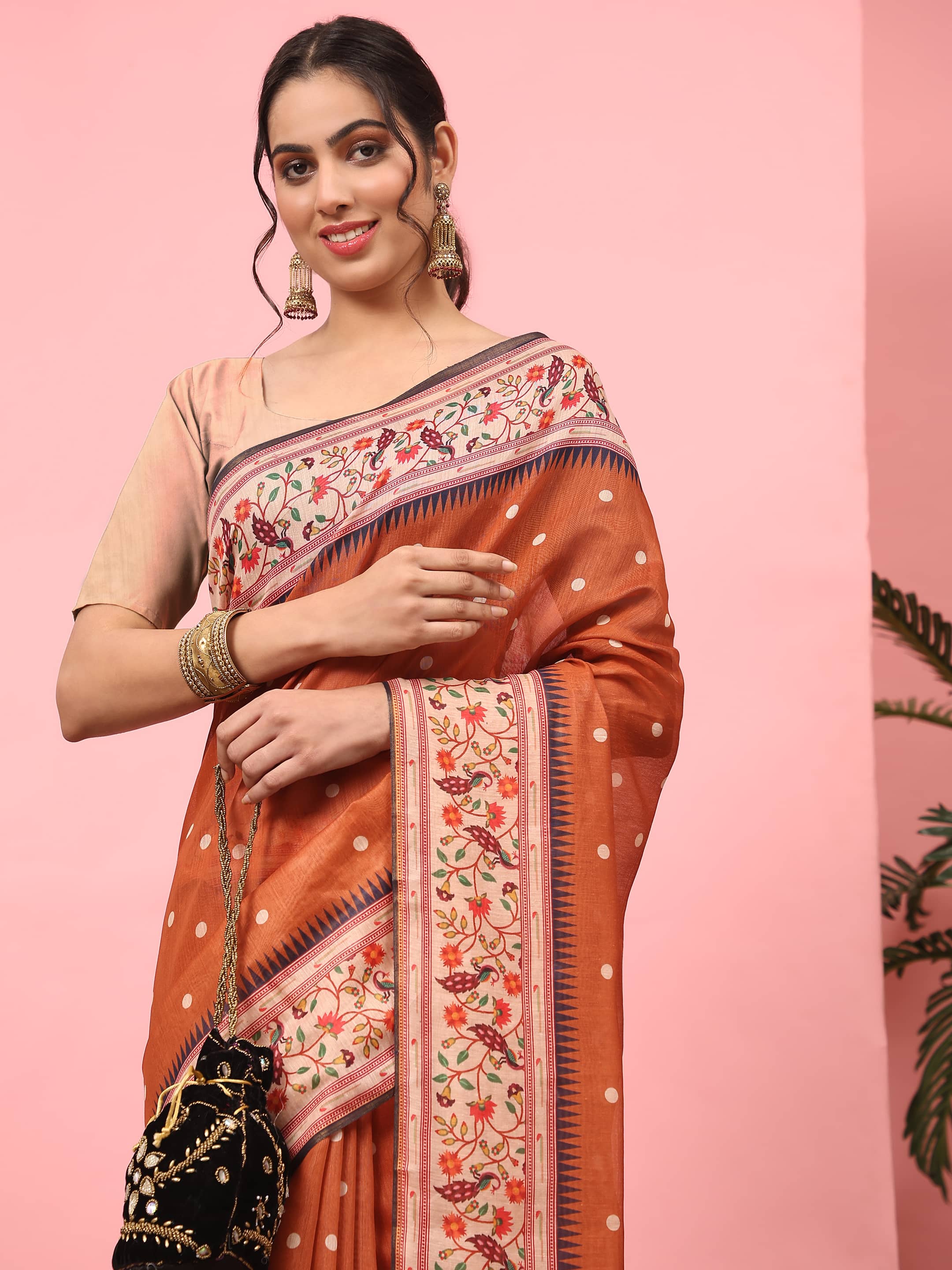 Hiral Fashion Orange Paithani Cotton Blend Polka Dots Digital Printed Saree