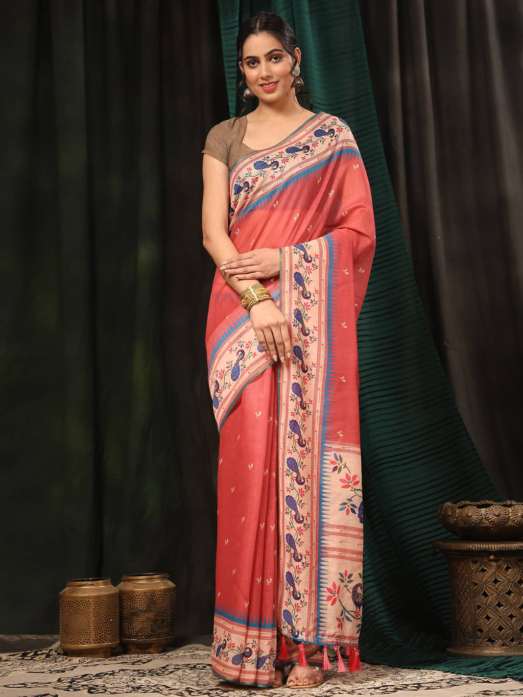 Hiral Fashion Pink Paithani Cotton Blend Animal Print Digital Printed Saree