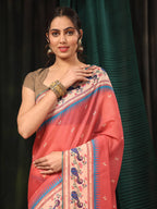 Hiral Fashion Pink Paithani Cotton Blend Animal Print Digital Printed Saree