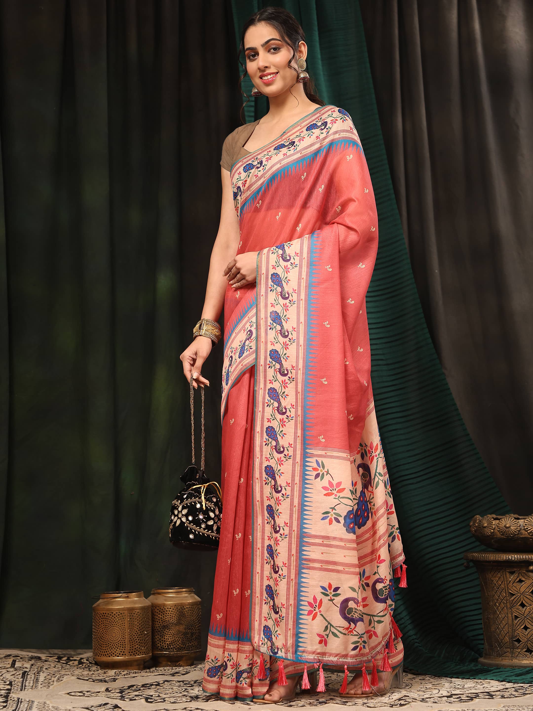 Hiral Fashion Pink Paithani Cotton Blend Animal Print Digital Printed Saree