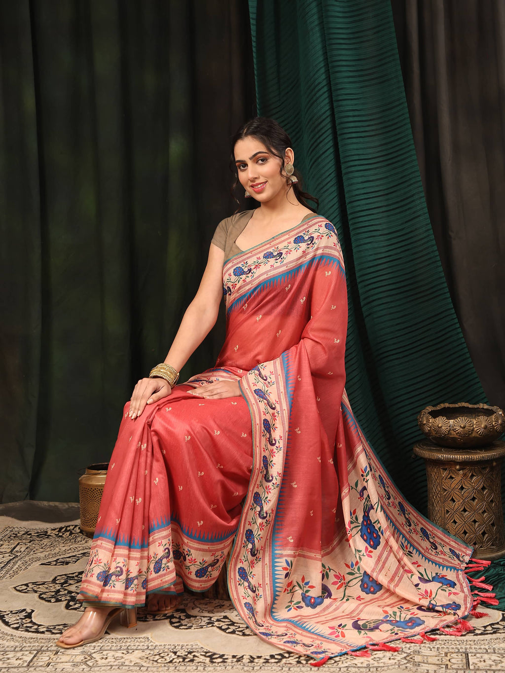 Hiral Fashion Pink Paithani Cotton Blend Animal Print Digital Printed Saree