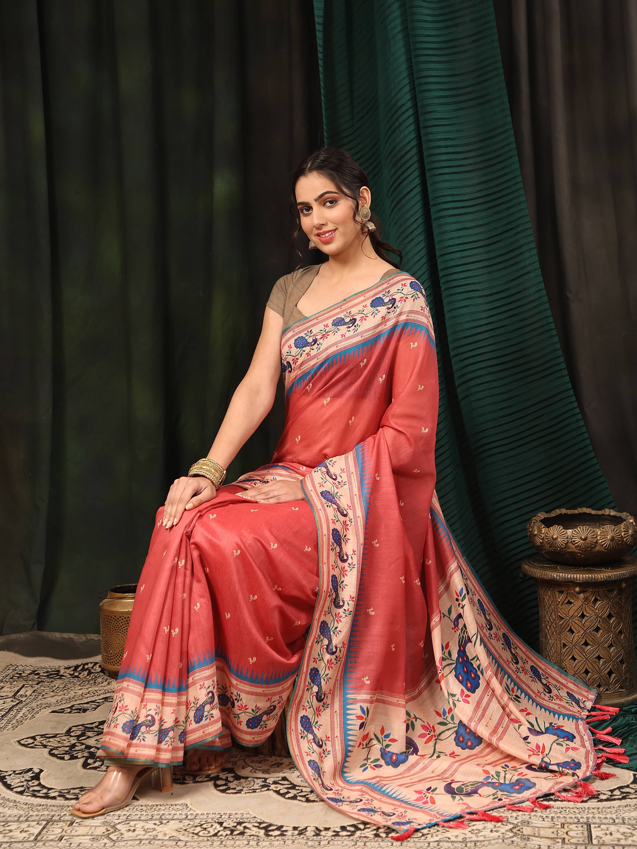 Hiral Fashion Pink Paithani Cotton Blend Animal Print Digital Printed Saree