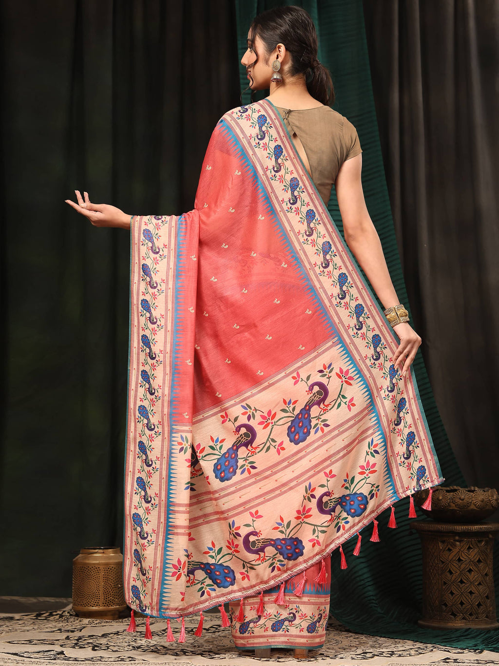 Hiral Fashion Pink Paithani Cotton Blend Animal Print Digital Printed Saree