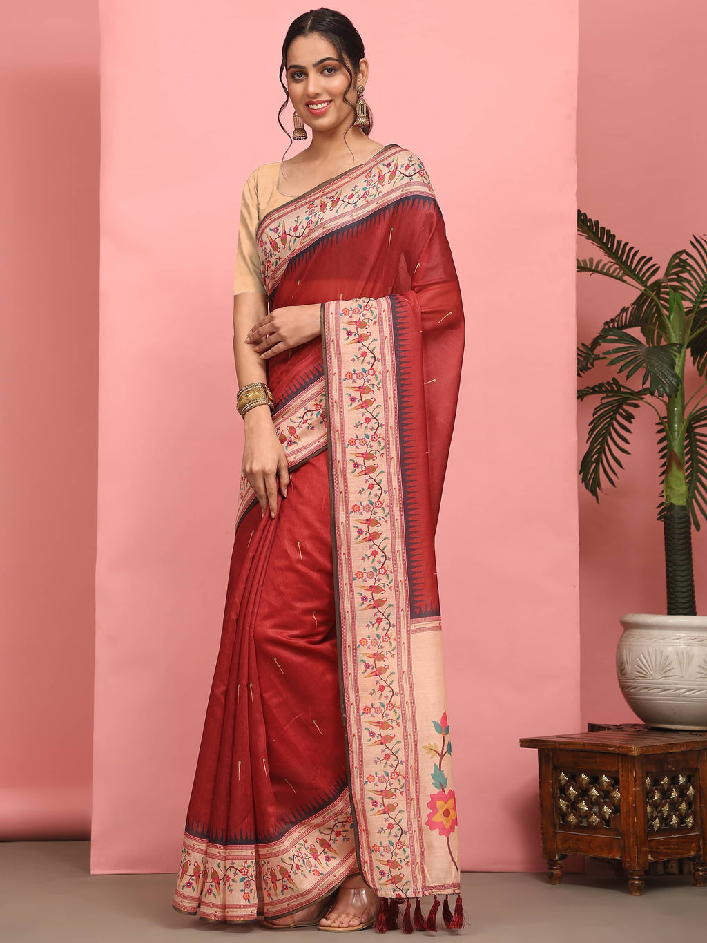 Hiral Fashion Red Paithani Cotton Blend Solid Digital Printed Saree