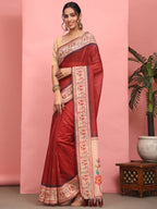 Hiral Fashion Red Paithani Cotton Blend Solid Digital Printed Saree