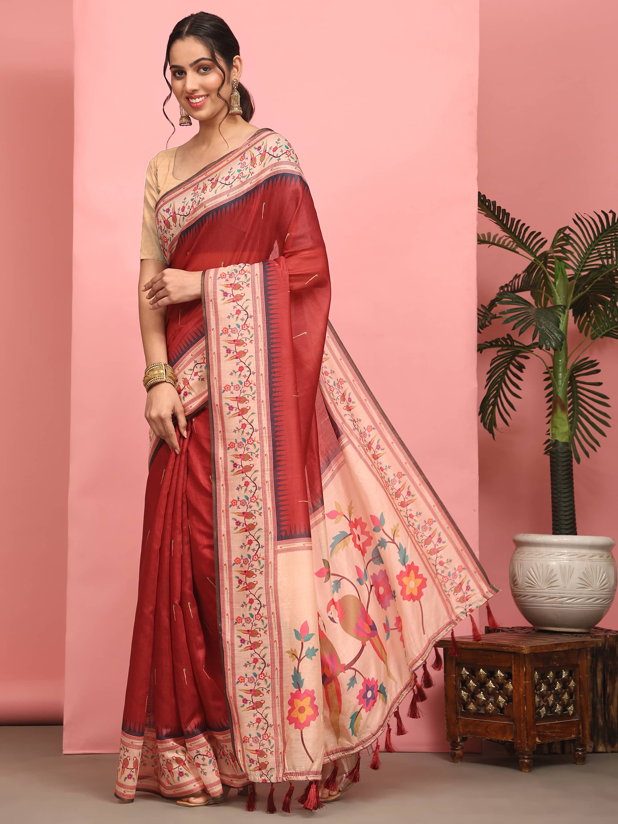 Hiral Fashion Red Paithani Cotton Blend Solid Digital Printed Saree