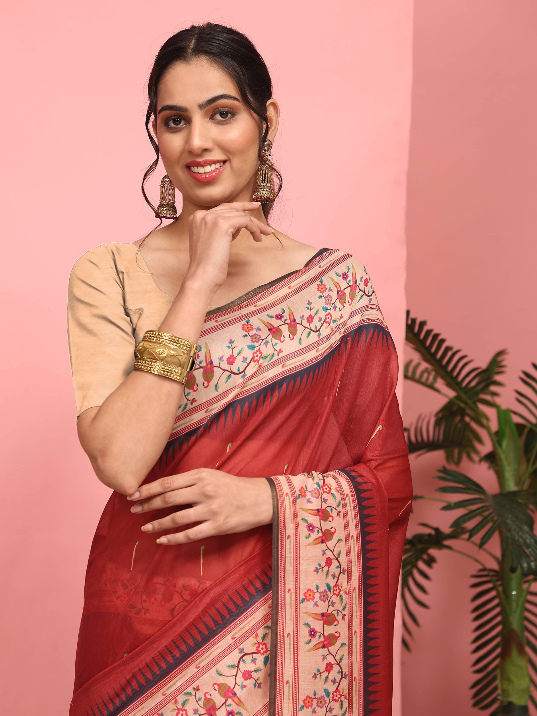Hiral Fashion Red Paithani Cotton Blend Solid Digital Printed Saree