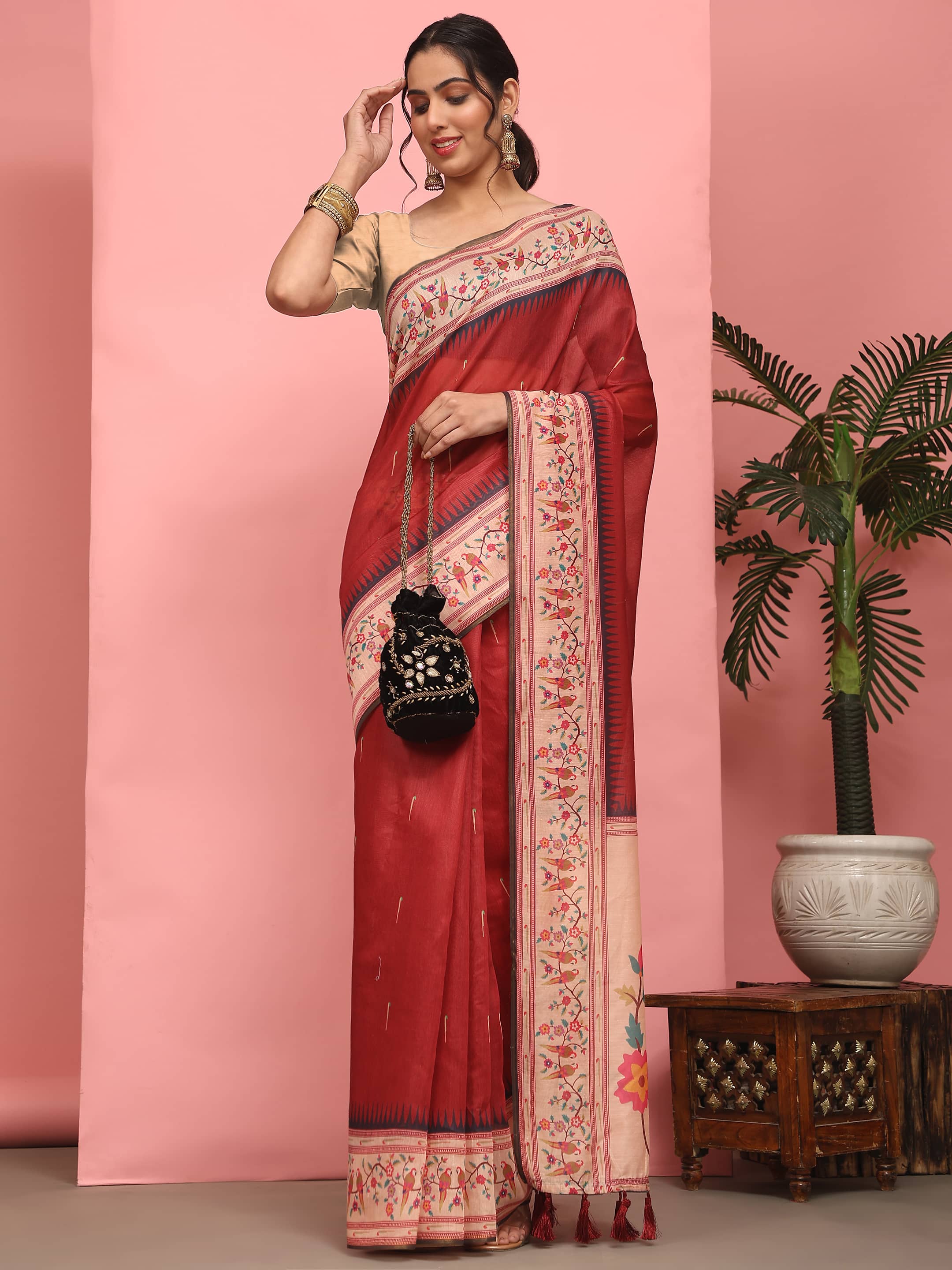 Hiral Fashion Red Paithani Cotton Blend Solid Digital Printed Saree