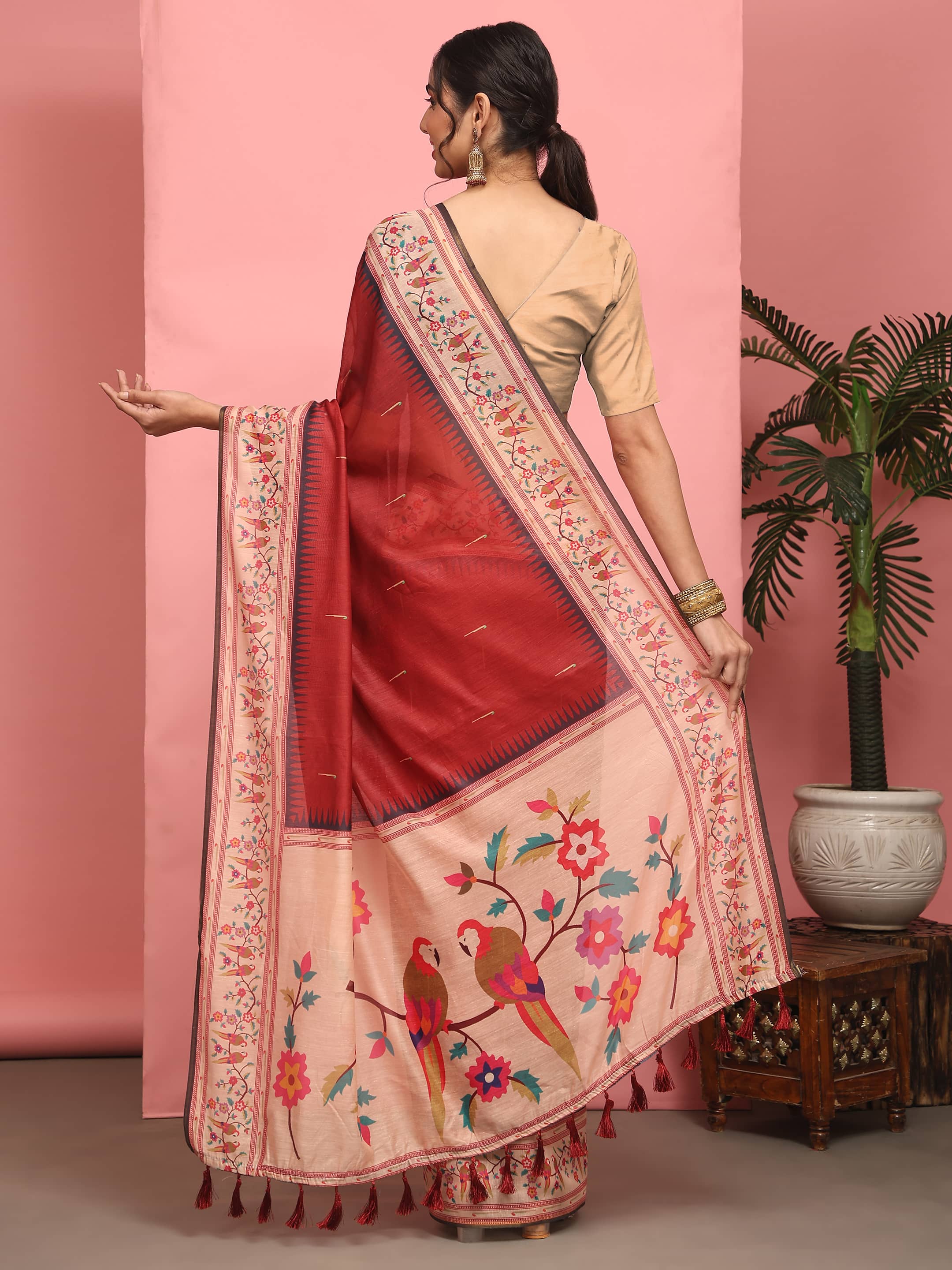 Hiral Fashion Red Paithani Cotton Blend Solid Digital Printed Saree