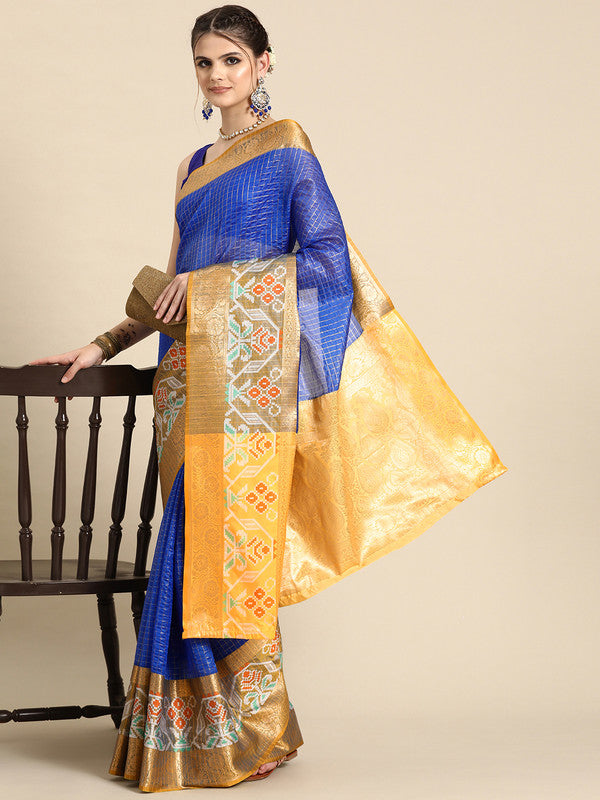 Blue Banarasi Silk Woven Zari Design Checked Saree with Unstitched Blouse - Hiral Fashion
