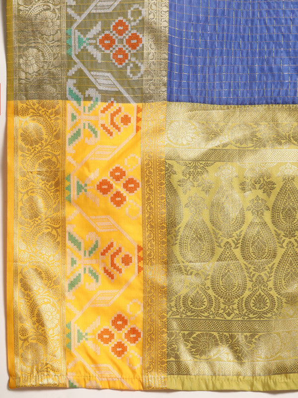 Blue Banarasi Silk Woven Zari Design Checked Saree with Unstitched Blouse - Hiral Fashion