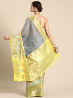 Gray Banarasi Silk Woven Zari Design Checked Saree with Unstitched Blouse - Hiral Fashion