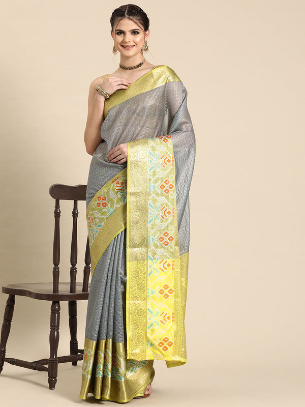 Gray Banarasi Silk Woven Zari Design Checked Saree with Unstitched Blouse - Hiral Fashion