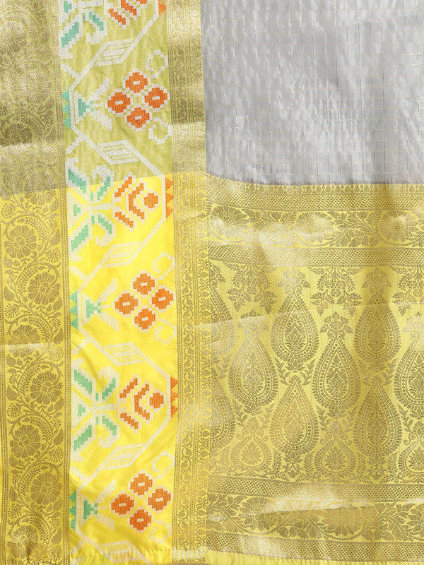 Gray Banarasi Silk Woven Zari Design Checked Saree with Unstitched Blouse - Hiral Fashion