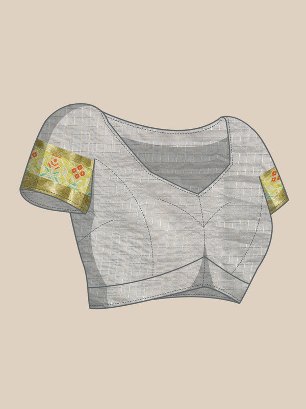 Gray Banarasi Silk Woven Zari Design Checked Saree with Unstitched Blouse - Hiral Fashion