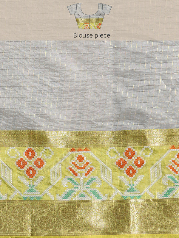 Gray Banarasi Silk Woven Zari Design Checked Saree with Unstitched Blouse - Hiral Fashion