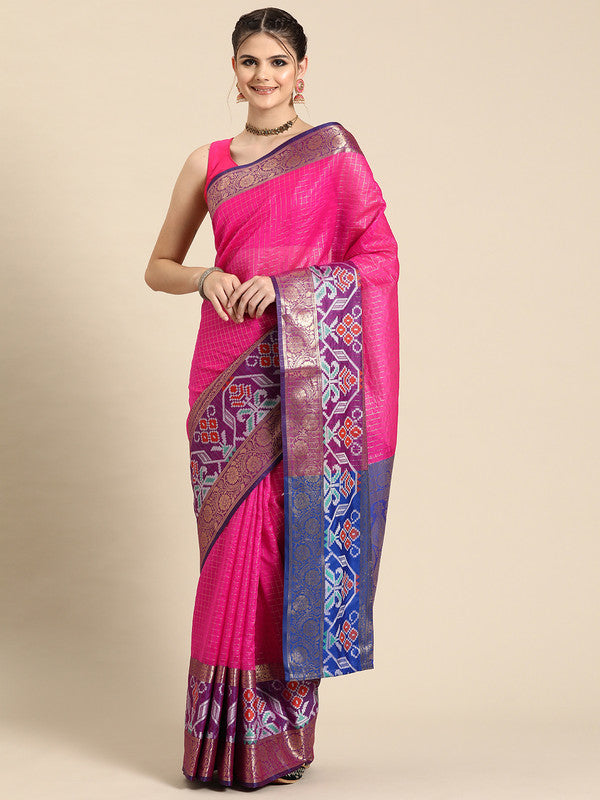 Pink Banarasi Silk Woven Zari Design Checked Saree with Unstitched Blouse - Hiral Fashion