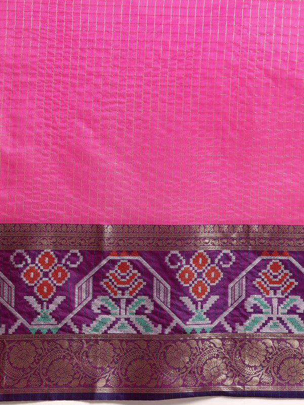 Pink Banarasi Silk Woven Zari Design Checked Saree with Unstitched Blouse - Hiral Fashion