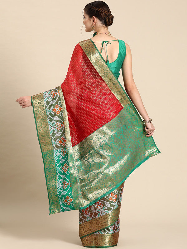 Red Banarasi Silk Woven Zari Design Checked Saree with Unstitched Blouse - Hiral Fashion