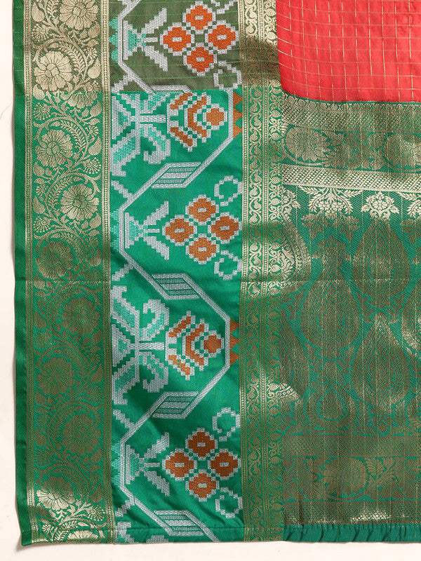 Red Banarasi Silk Woven Zari Design Checked Saree with Unstitched Blouse - Hiral Fashion