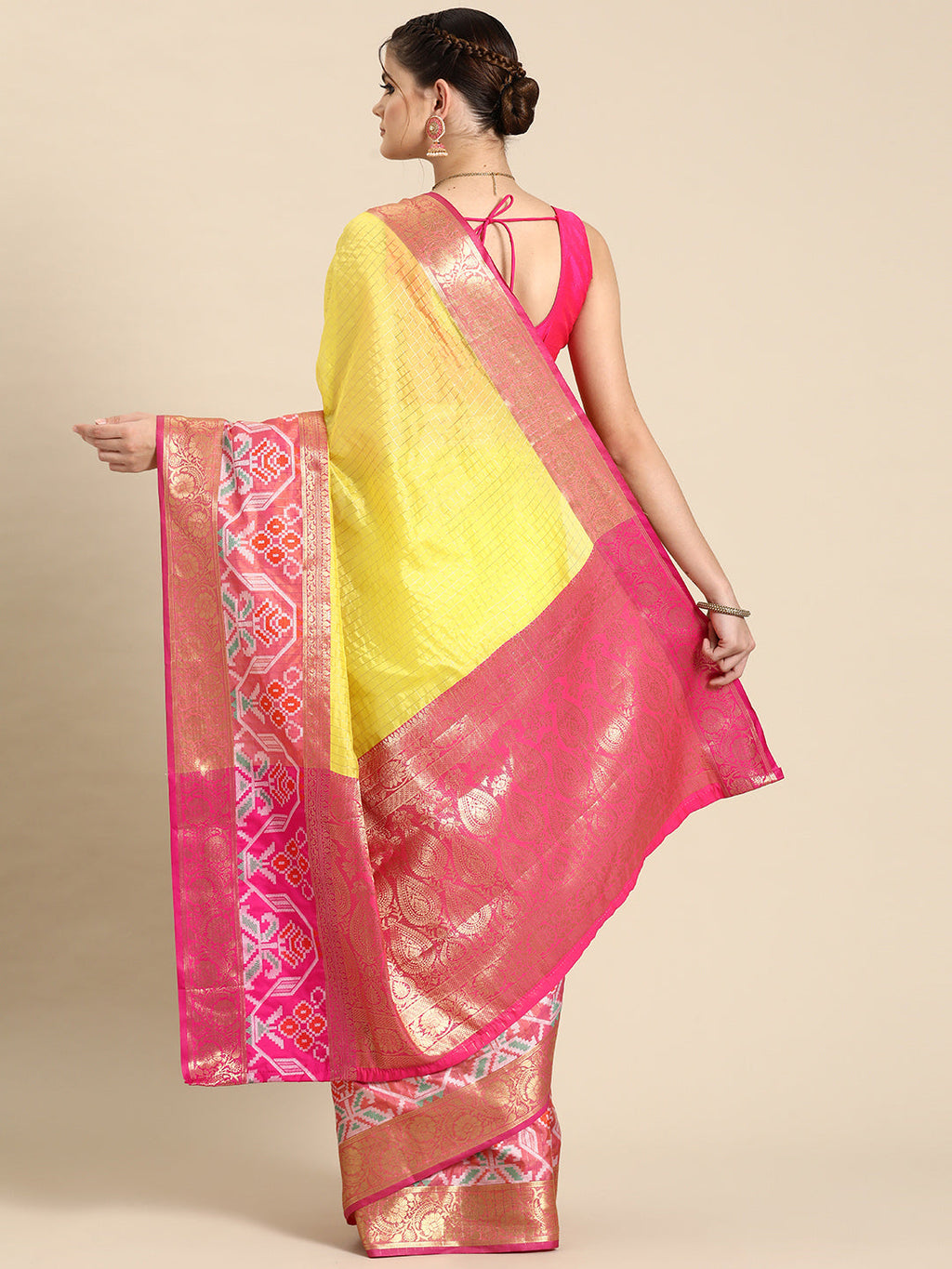 Yellow Banarasi Silk Woven Zari Design Checked Saree with Unstitched Blouse - Hiral Fashion