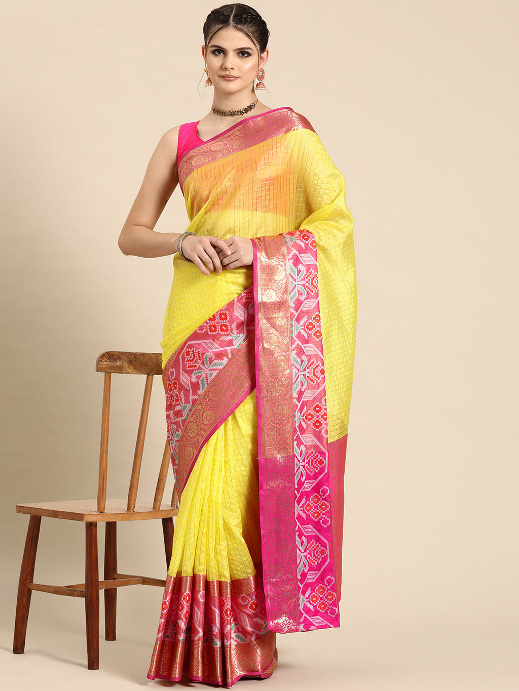Yellow Banarasi Silk Woven Zari Design Checked Saree with Unstitched Blouse - Hiral Fashion