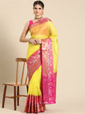 Yellow Banarasi Silk Woven Zari Design Checked Saree with Unstitched Blouse - Hiral Fashion