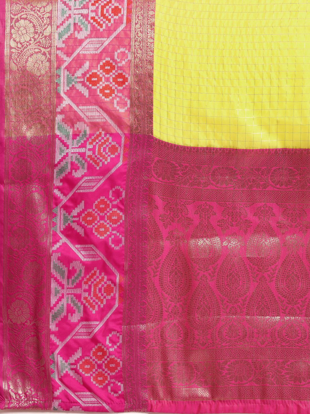 Yellow Banarasi Silk Woven Zari Design Checked Saree with Unstitched Blouse - Hiral Fashion