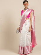 White Silk Blend Woven Zari Design Polka Dots Saree with Unstitched Blouse - Hiral Fashion