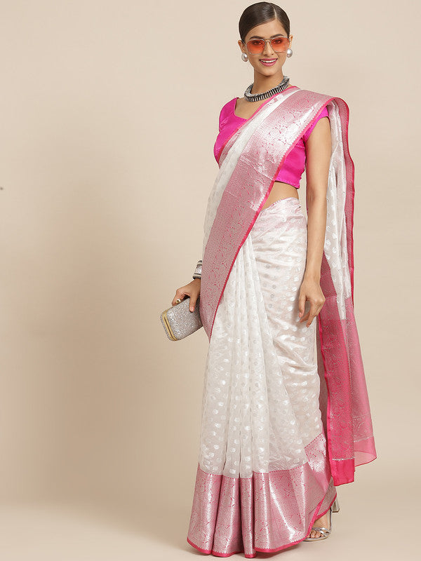 White Silk Blend Woven Zari Design Polka Dots Saree with Unstitched Blouse - Hiral Fashion