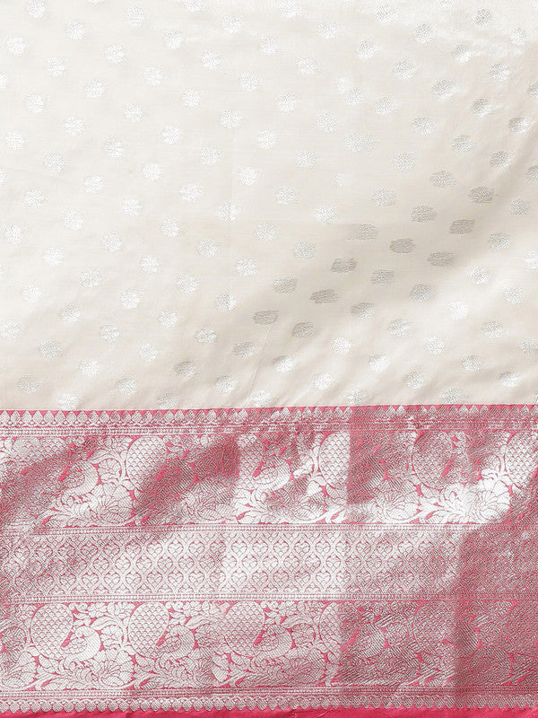 White Silk Blend Woven Zari Design Polka Dots Saree with Unstitched Blouse - Hiral Fashion