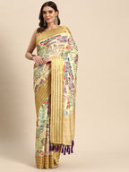 Beige Art Silk Printed Embellished Saree with Unstitched Blouse - Hiral Fashion