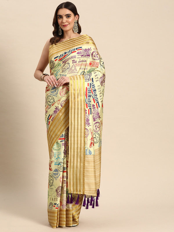 Beige Art Silk Printed Embellished Saree with Unstitched Blouse - Hiral Fashion