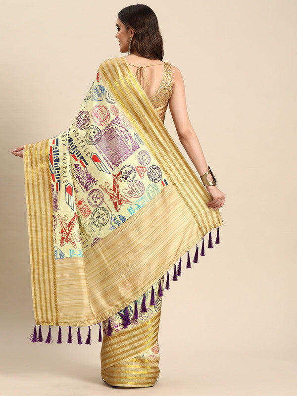 Beige Art Silk Printed Embellished Saree with Unstitched Blouse - Hiral Fashion