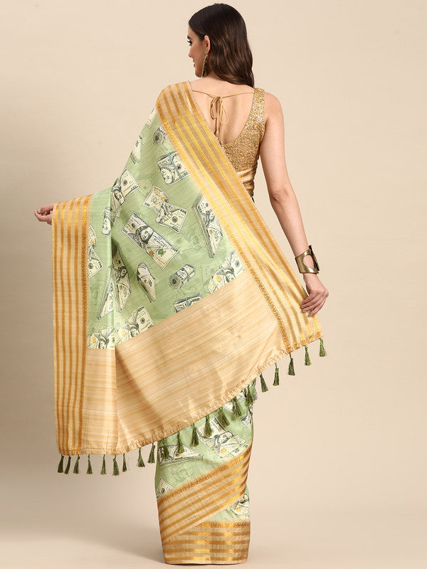Green Art Silk Printed Embellished Saree with Unstitched Blouse - Hiral Fashion